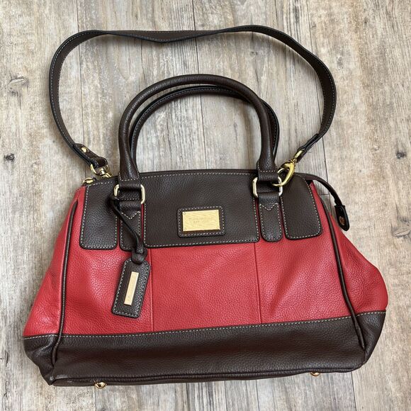 Tignanello Shoulder Bag Red Brown Leather Two Straps Gold Hardware Hang Tag - Picture 1 of 13